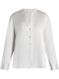 white silk band collar front button fastening round split neck long sleeves buttoned cuffs curved shirttail hem White Silk Blouse, Yoko London, City Dress, Band Collar, Blouse White, White Silk, Coat Dress, Silk Blouse, Jacket Tops