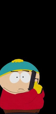 the south park character is wearing a red shirt and green hat, while holding a cell phone to his ear