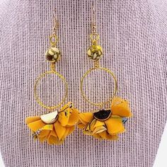 Mustard Chiffon Flowers Earrings. Gold Accents Hand Made T B Handmade Yellow Earrings For Spring, Yellow Jewelry With Ear Wire For Party, Party Jewelry With Yellow Ear Wire, Chic Yellow Earrings For Spring, Elegant Yellow Earrings For Spring, Yellow Ear Wire Party Earrings, Handmade Yellow Jewelry For Summer, Yellow Spring Earrings, Trendy Yellow Earrings For Summer