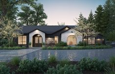 a rendering of a house in the evening with lights on and landscaping around it,