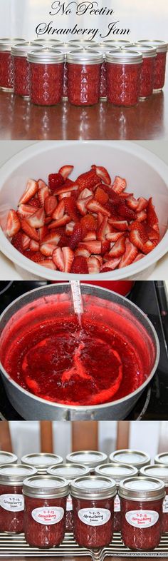 strawberry jam is being made in jars and placed on top of the stove to cool off