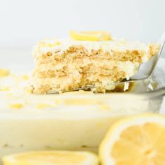 a close up of a piece of cake with lemons