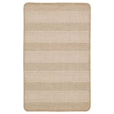 a beige and white rug with stripes on the bottom, in front of a white background