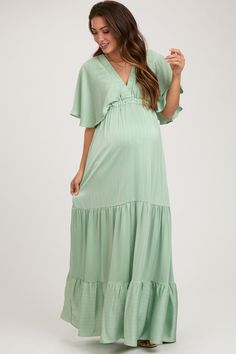 Mint V-Neck Flutter Sleeve Tiered Maternity Maxi Dress Maternity Maxi Dress, Maternity Maxi, Pregnancy Maxi Dress, Tiered Skirt, Flutter Sleeves, Maternity Clothes, Flutter Sleeve, Blush Pink, Apparel Accessories