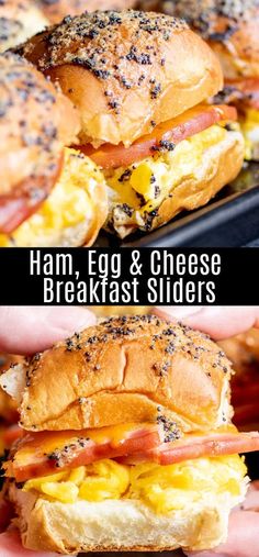 ham, egg and cheese breakfast sliders are shown in this collage with text overlay