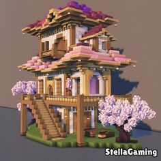 minecraft japanese inspired house with pink to purple roof gradient with custom cherry blossom trees Pink Blossom Minecraft House, Minecraft Blossom House Ideas, Pink And Purple Minecraft House, Blossom Tree House Minecraft, Minecraft Japanese Courtyard, Japanese Library Minecraft, Minecraft Blossom Tree, Minecraft Cherry Blossom Palette, Minecraft Cherry Tree House