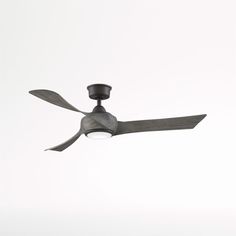 a ceiling fan that is on top of a white wall and has two blades attached to it