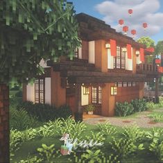 an image of a house in the middle of some bushes and trees with balloons flying above it