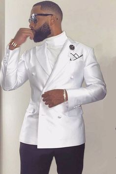 Neckline: Peaked Lapel Material: Polyester Polyester Blend Pattern: Solid Piece: 2 Piece Pocket: With Flap All White Suits For Men, Groom Suit African, Double Breasted Wedding Suit, Wedding Groom Suit, Lapel Wedding, Groom Tuxedo Wedding, Men Attire, White Wedding Suit, Prom Suit