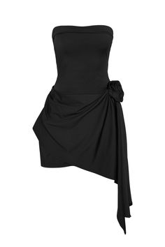 Cut from a opaque, soft and breathable fabric that moves with you, our Rosette Strapless Mini Dress is unlike any other. This black mini dress features a strapless neckline and a bodycon fit that skims down to a mini length. Featuring an asymmetrical hemline in a flowy ruffle design it's complimented by a rosette flowe Rosette Flower, Asymmetrical Black Dress, Ruffle Design, Strapless Neckline, Black Strapless Dress, Black Mini Dress, Bustier Dress, Grad Dresses, Summer 24