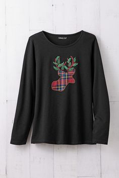 A portrait-ready plaid reindeer, festively decked with holly antlers and beaded accents. | Women's Merry Reindeer T-Shirt - Black Multi - PM - Petite Size Coldwater Creek, Petite Size, Antlers, Reindeer, Plaid, Relaxed Fit, Plus Size, Long Sleeve