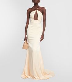 Drake Halterneck Cutout Satin Gown in Neutrals - Alex Perry | Mytheresa Halter Neck Prom Gown With Fitted Bodice, Halter Neck Prom Gown With Sweep Train, Prom Gown With Sweep Train And Halter Neck, Halter Neck Gown For Gala During Prom Season, Halter Neck Evening Dress With Back Opening For Prom, Halter Neck Evening Dress For Prom With Back Opening, Halter Neck Gown With Sweep Train For Evening, Halter Neck Gown With Back Opening For Prom, Halter Neck Evening Dress With Sweep Train For Prom