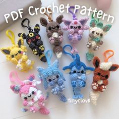 crocheted keychains with small animals on them in different colors and sizes