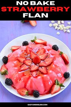 no bake strawberry flan on a white plate