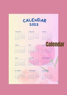 a calendar with pink flowers on it and the word caledar written in blue ink