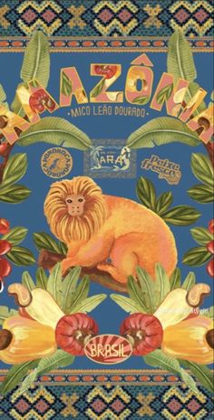 a painting of a lion on a blue background with leaves and berries around it is surrounded by words that spell out azon