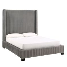 a bed with a gray headboard and white sheets on it's sides, against a white background