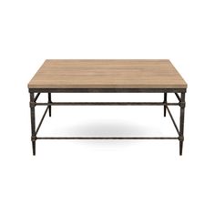 a wooden table with metal legs on an isolated white background for use as a coffee table