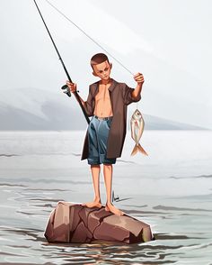 a man standing on a rock while holding a fishing pole and fish in his hands