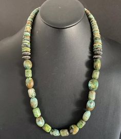 Sterling Silver Green Turquoise Bead Necklace. 26 inch Turquoise Squash Blossom, White Buffalo Turquoise, Turquoise Bead Necklaces, Squash Blossom Necklace, Cluster Pendant, Beaded Necklaces, Green Turquoise, Multi Stone, Turquoise Beads