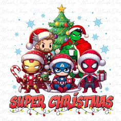 the avengers christmas card with an image of three cartoon characters and a christmas tree in the background