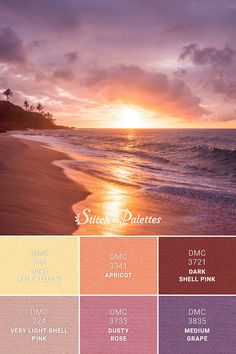 the color palette for sunset in shades of pink, yellow and purple on an ocean beach