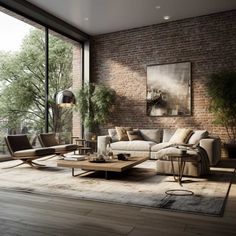 a living room filled with furniture and large windows