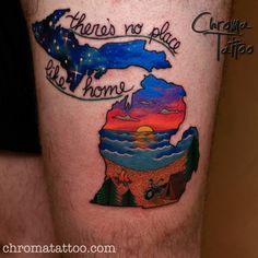 a man with a tattoo on his leg that says, there's no place like home