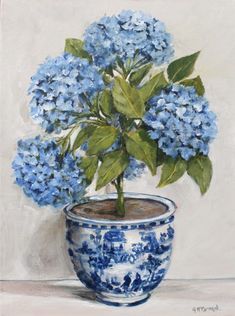 a painting of blue flowers in a vase