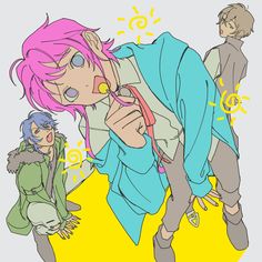 an anime character with pink hair is looking at her cell phone while another person looks on