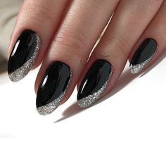 Black And Silver Nails, Nails With Glitter, Black Acrylic Nails, Silver Nail