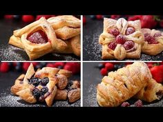 four pictures of pastries with berries and powdered sugar on them, including raspberries