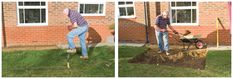 two pictures of a man digging in the ground with a wheelbarrow and shovel