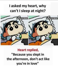 a cartoon character sleeping in bed with the caption, i asked my heart, why can't i sleep at night?