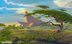 an animated scene with trees and mountains in the background, as well as some clouds