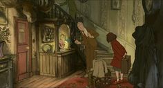 three people standing in an old fashioned house looking at something on the floor and talking to each other