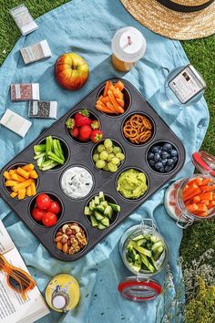 a picnic with fruits and vegetables laid out in muffin tins