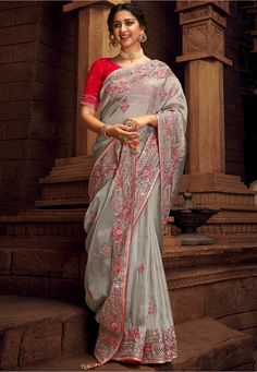 Buy Special silk Saree Party wedding wear dresses Grey organza festival wear saree 1401 online in USA, UK and Canada from KollyBollyEthnics.com Latest Traditional Dresses, Kalamkari Fabric, Dhakai Jamdani Saree, Chanderi Silk Saree, Organza Wedding, Net Saree, Embroidery Saree, Stylish Sarees, Wear Saree