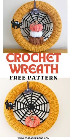 the crochet wreath is made with yarn and spider webs