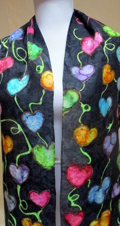 Silk Scarf, HEARTS, Handpainted Accessory, Unique Gift Under 50 Artisan Handmade one of a Kind NY Hudson Valley - Etsy Handmade Artistic Art As A Gift, Multicolor Hand Painted Art For Collection, Handmade Artsy Art Gift, Handmade Artsy Art For Gift, Artistic Handmade Crafts As Gifts, Handmade Artistic Crafts For Gifts, Artistic Handmade Crafts For Gifts, Handmade Black Crafts For Crafting, Whimsical Multicolor Crafts For Gifts