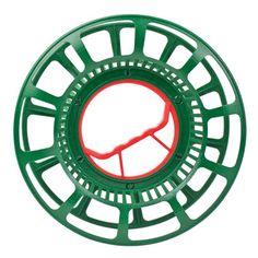 an image of a green fly reel with red trims on the inside of it