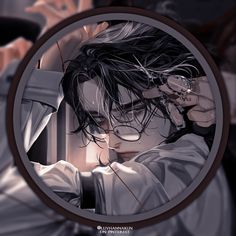 a man with long hair and glasses looking through a magnifying glass at himself