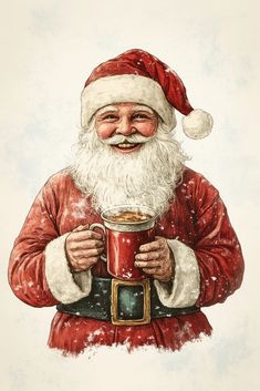 a drawing of santa holding a cup of coffee