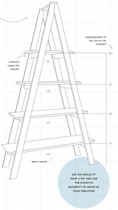 a wooden ladder with measurements for the top and bottom sections, including an additional shelf