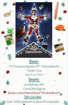 a christmas flyer with an image of santa clause in the center and other holiday items around it