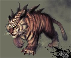 a digital painting of a tiger with its mouth open and claws out, running through the air