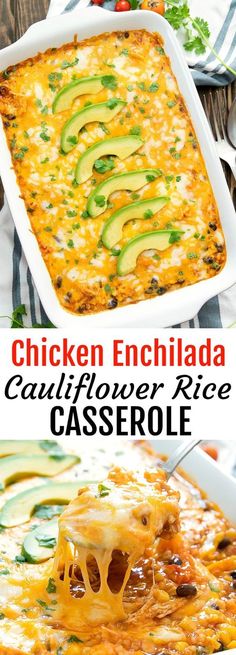 chicken enchilada casserole with cheese and avocado on top