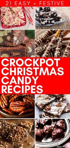 the cover of 21 easy and festive crockpot christmas candy recipes, including brownies