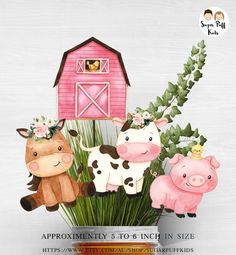 three farm animals are standing in front of a pink barn with green plants and flowers