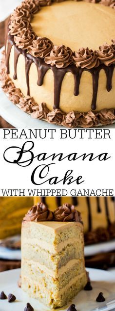 peanut butter banana cake with whipped cream and chocolate frosting on the top is shown